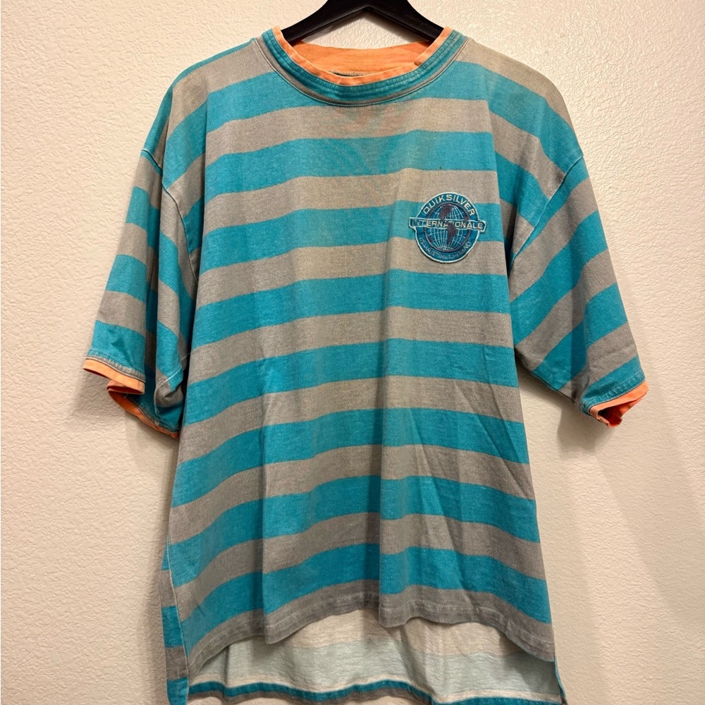 80s Quiksilver Vintage Striped Men’s Blue/Grey Patched Surf Shirt L 24x26